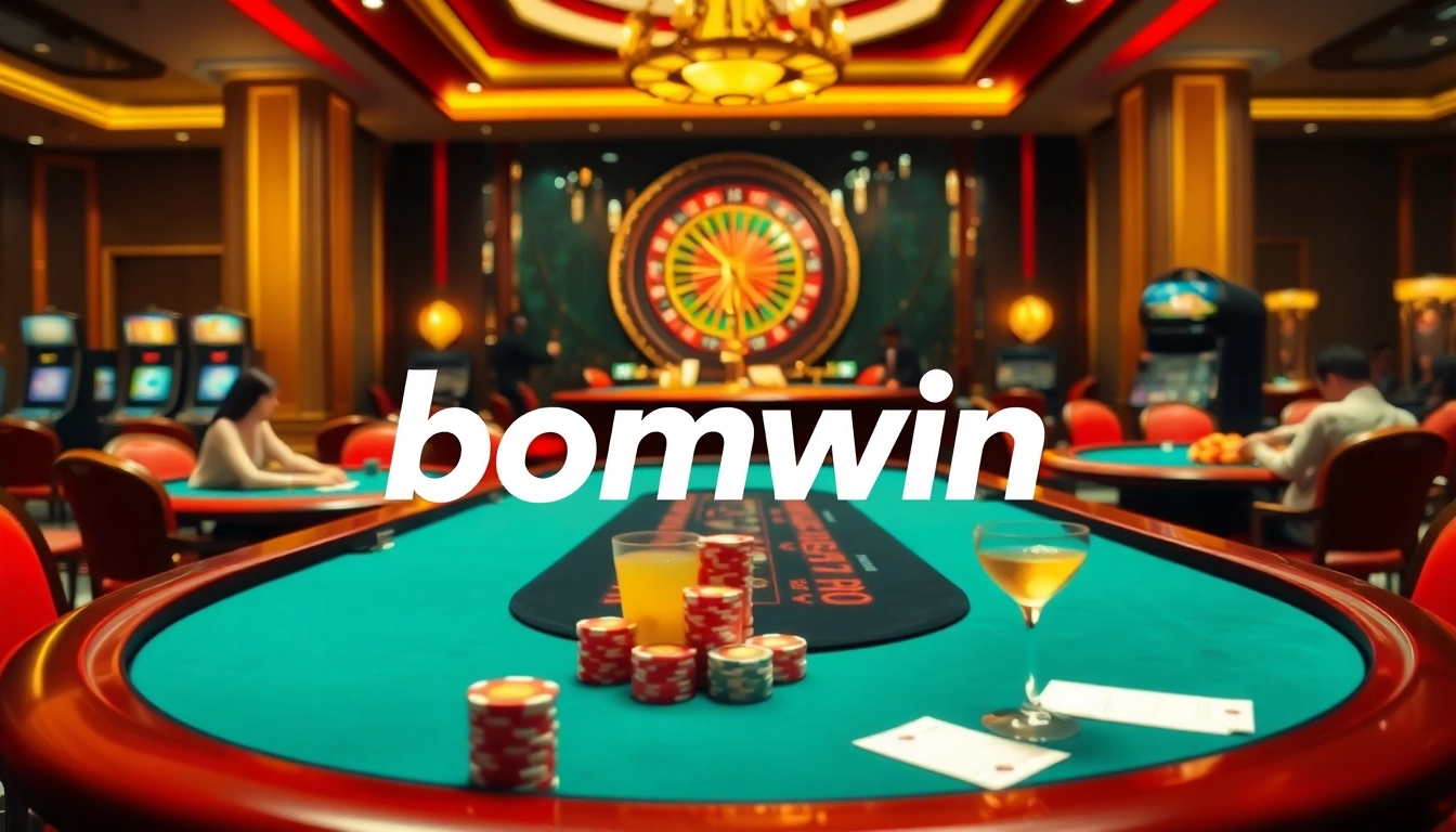 Experience thrilling gameplay at Bomwin casino with luxurious poker tables and vibrant slot machines.
