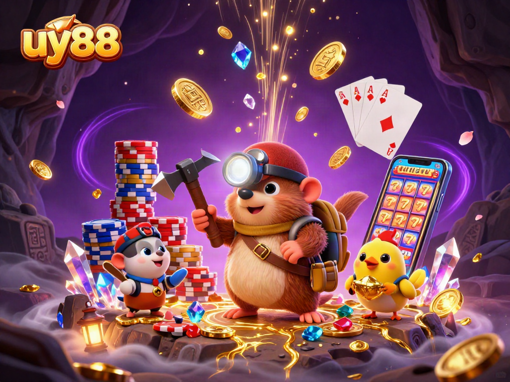 Experience uy88's exciting casino adventure with a treasure hunter mole and vibrant games.