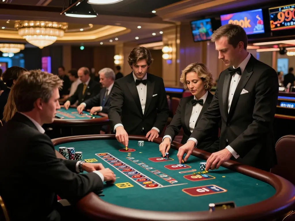 Players enjoying strategic blackjack at 99ok's lavish casino floor, highlighting immersive gambling experience.