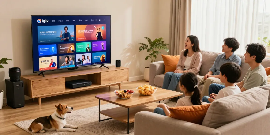 Família desfrutando do melhor do entretenimento IPTV com bestbraziliptv na sala de estar