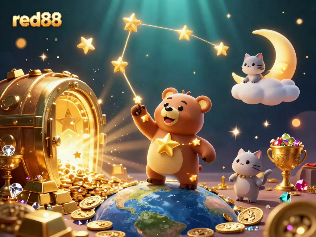 Experience the thrilling world of red88 with cartoon characters collecting treasures in a vibrant casino environment.