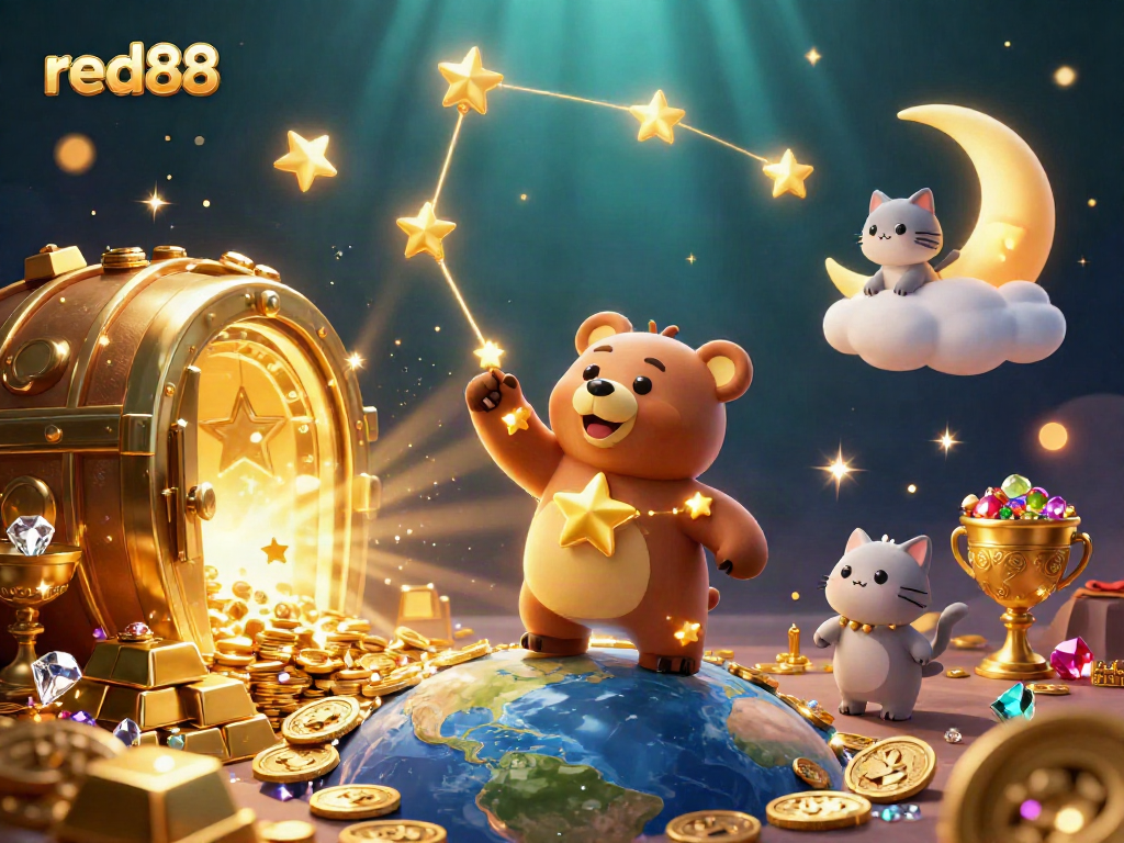 Experience the thrilling world of red88 with cartoon characters collecting treasures in a vibrant casino environment.