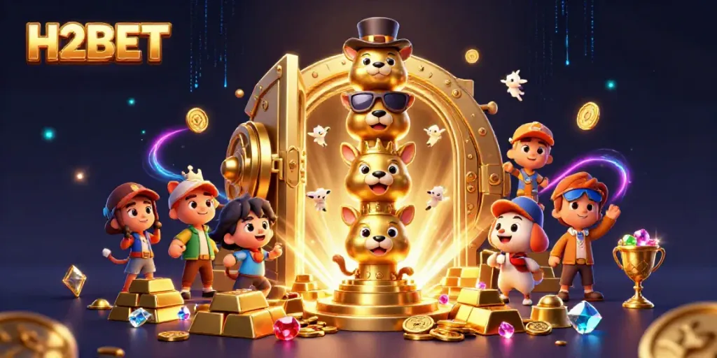 Engage with H2BET's vibrant casino theme, showcasing a golden totem and treasures in a dazzling scene.