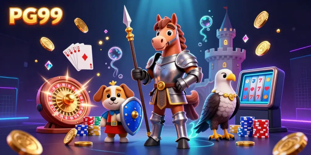 Engage with PG99 in a vibrant casino-themed adventure featuring dynamic characters and elements.