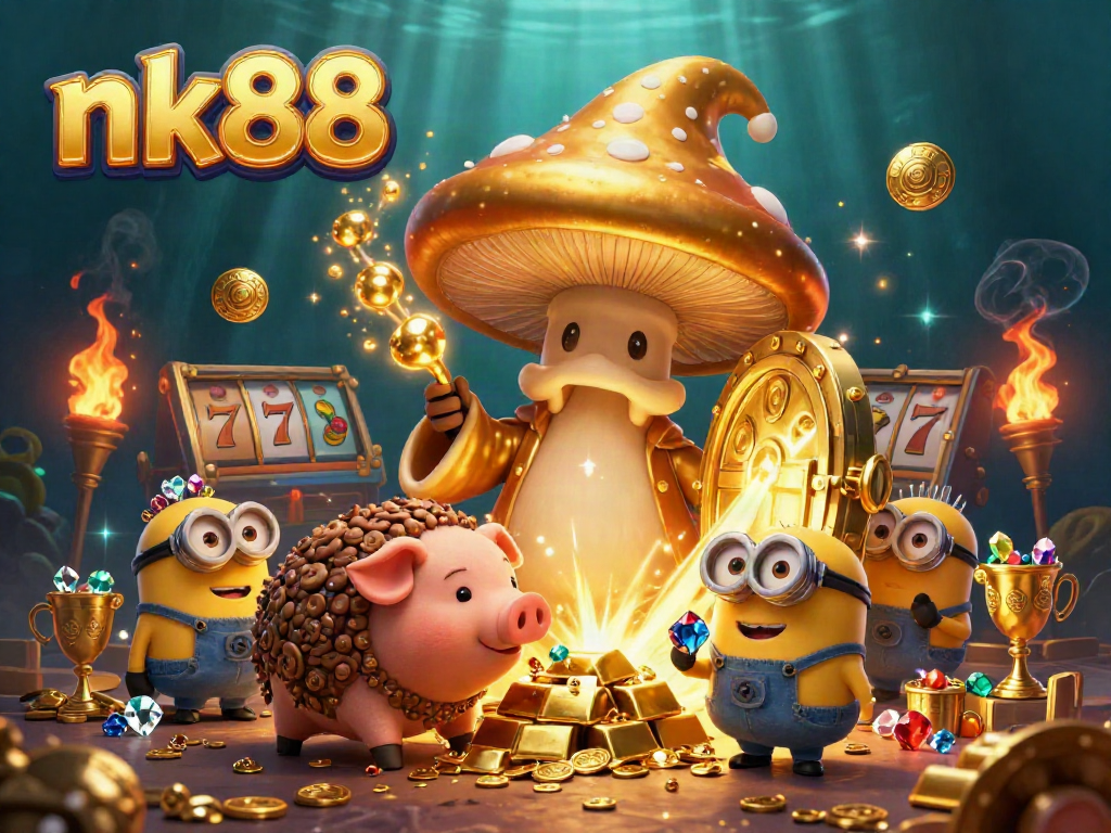 Experience thrilling play with nk88, a vibrant casino scene featuring wizards and treasure amidst slot reels.