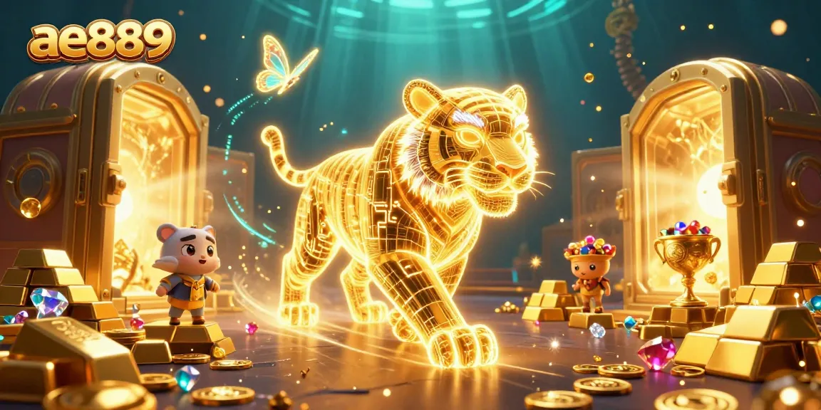 Experience the thrill of ae889 with a neon-wireframe tiger in an enchanting casino landscape.