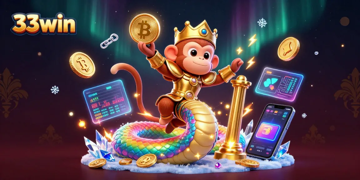 Engage with 33win's vibrant casino world featuring Bitcoin, Ethereum coins, and a cheerful monkey king.