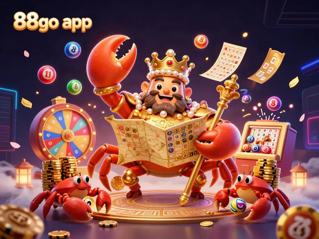 Engage with the thrilling 88go app experience illustrated with a golden crab emperor and animated lottery elements.