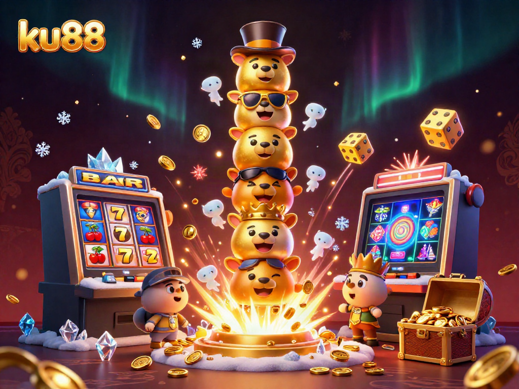 Spin and win big at ku88 with a vibrant 3D casino scene featuring a golden totem and dynamic slot elements.