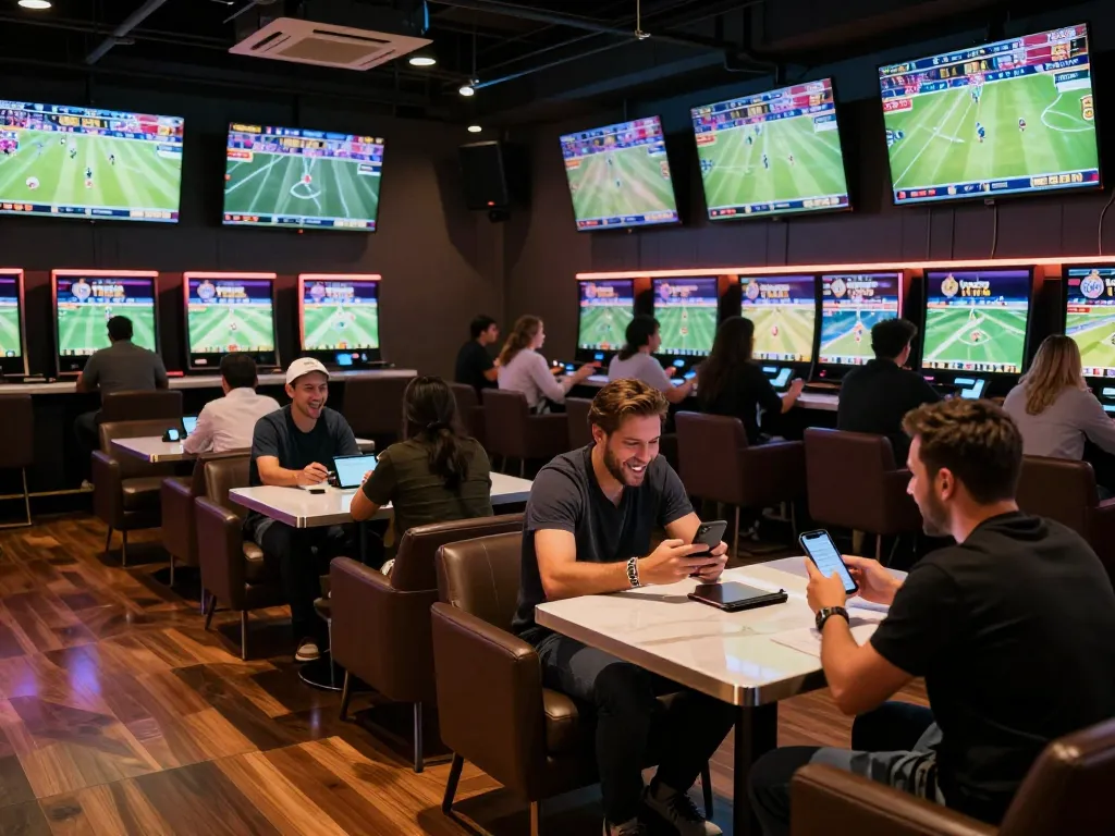 Engaging with kp88 bet in a stylish sports betting lounge with live games on screens.