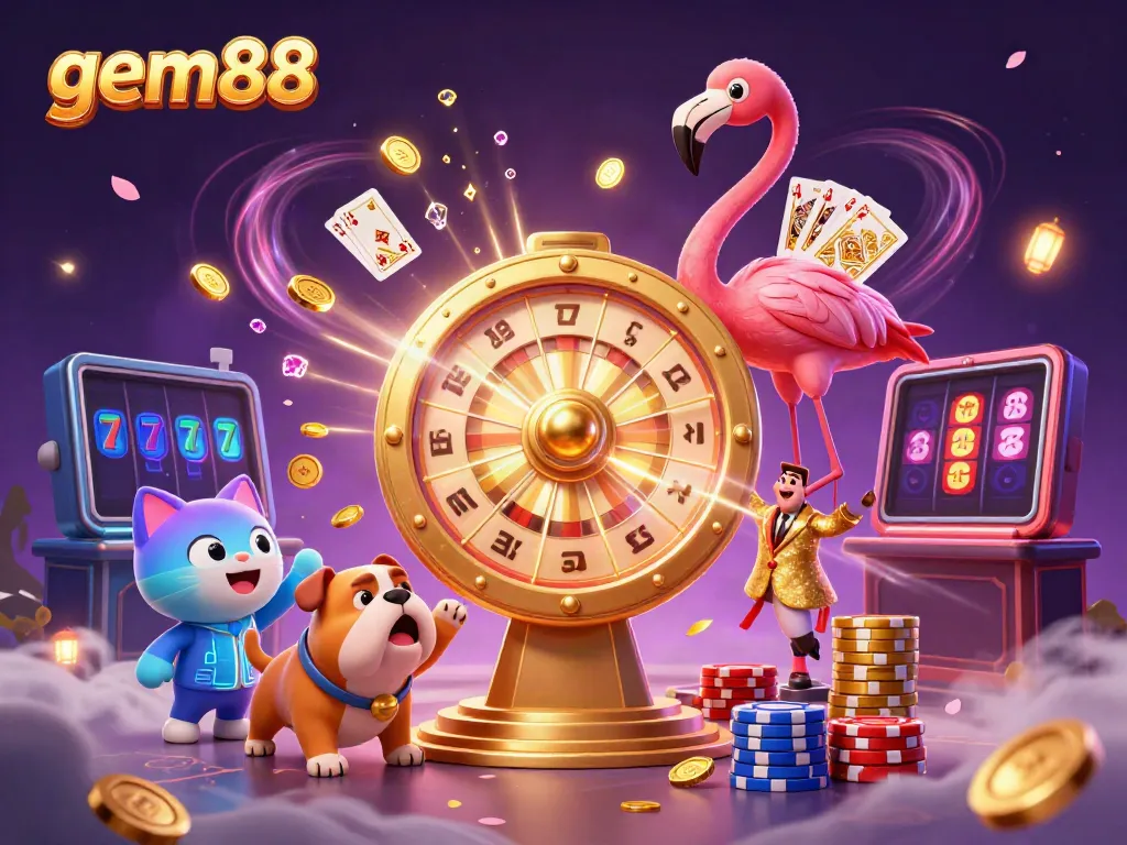 Experience the excitement of gaming with gem88 in a vibrant scene featuring a flamingo game show host, bulldog contestant, and thrilling casino elements.