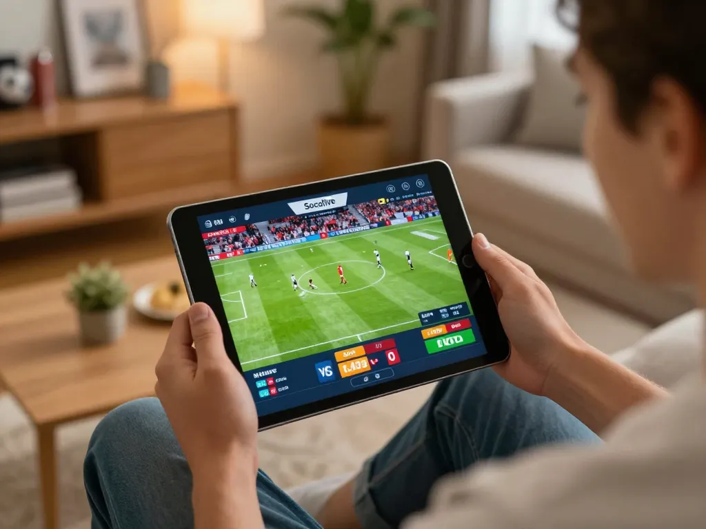 Socolive live sports betting experience on tablet in a cozy living room setting.