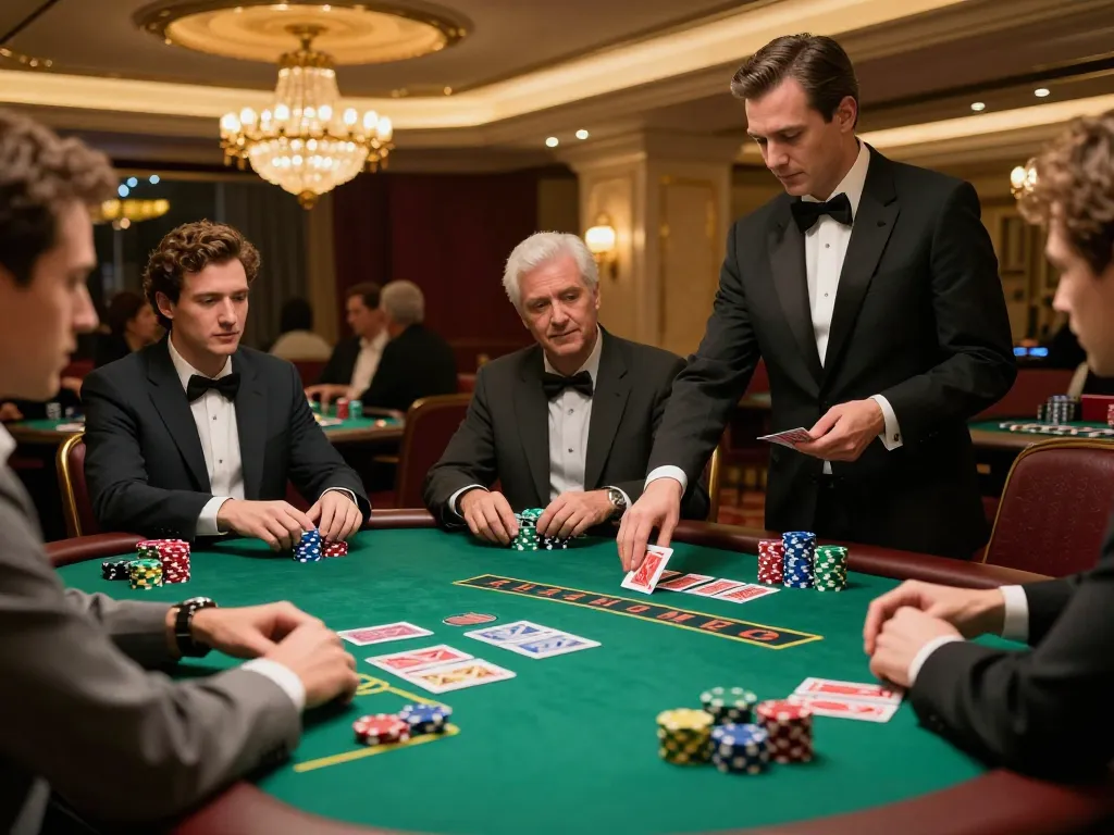 Jogadores elaborando estratégias e torcendo durante um intenso jogo de blackjack no HH55 em um casino elegante.