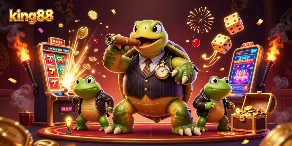 king88 brings excitement with a vibrant casino scene, featuring a turtle and bullfrog characters.