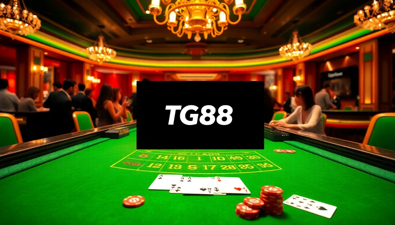 TG88 Baccarat table scene with poker chips and luxurious decor in an online casino atmosphere.