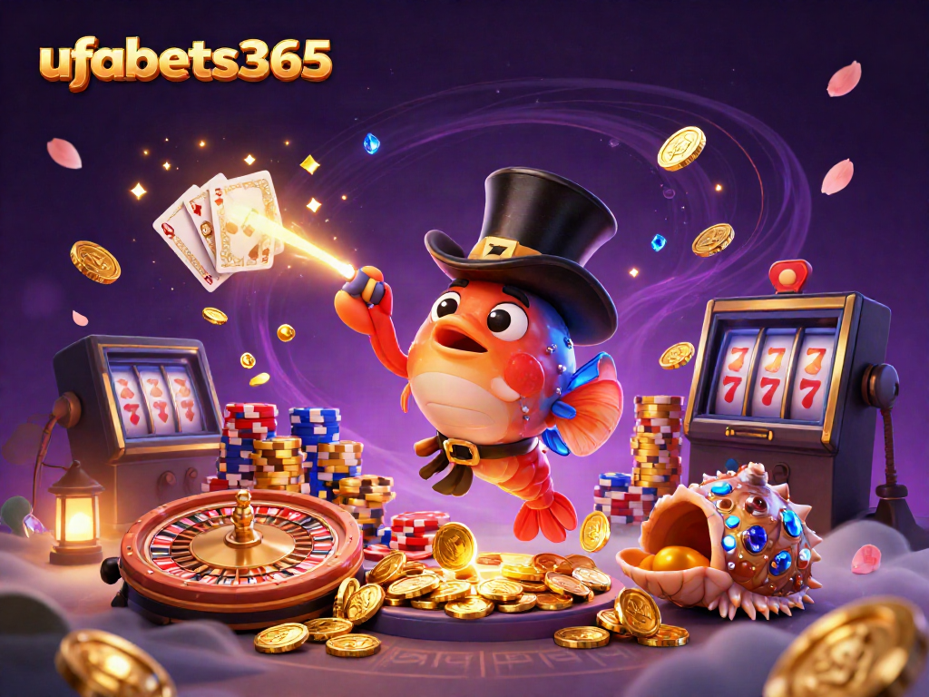 Experience the thrill of ufabets365 with a vibrant, engaging 3D casino illustration showcasing dynamic games and characters.