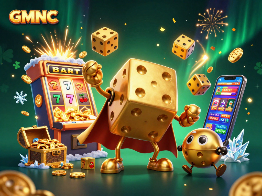 Experience GMNC with a vibrant 3D casino scene featuring golden dice, colorful slots, and jackpot elements.