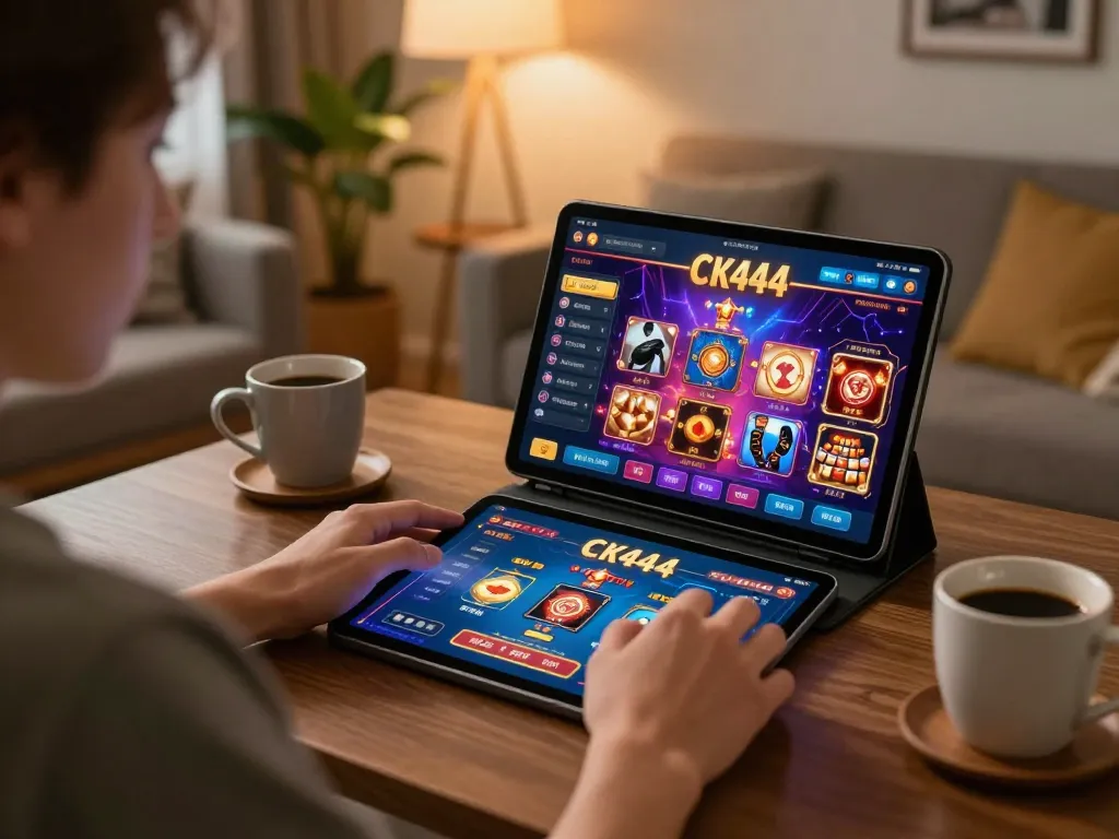 Engaging player using ck444s.net on tablet, showcasing live casino gaming experience.