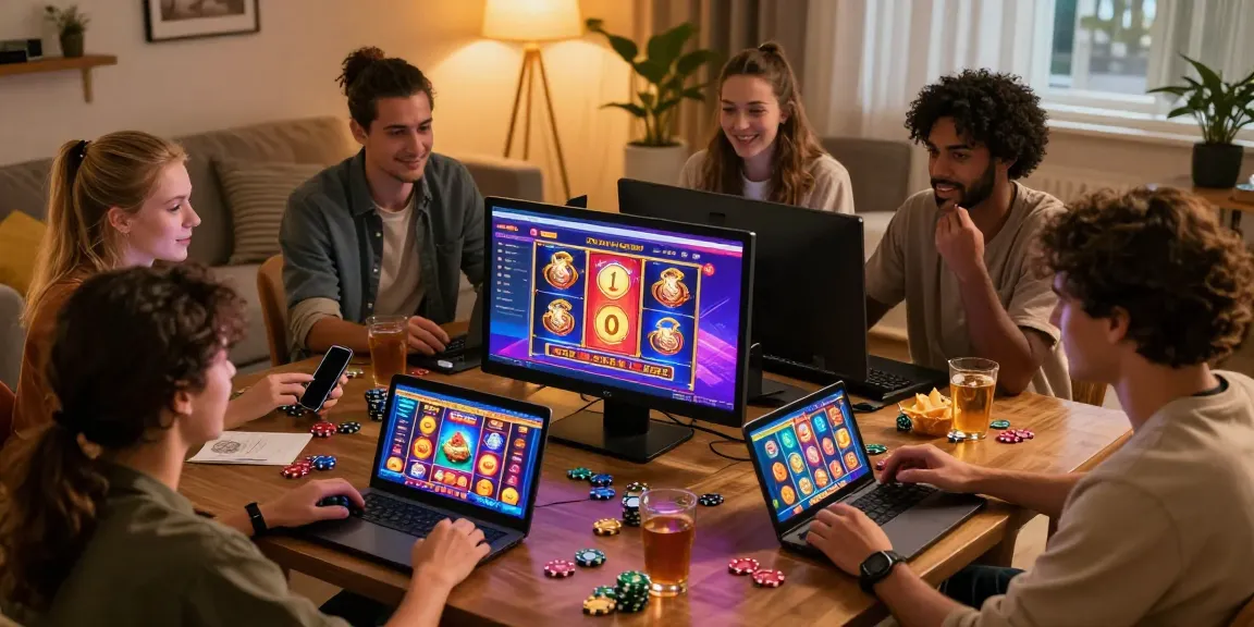 Amigos jogando slot online em ambiente aconchegante com inscrições vibrantes.