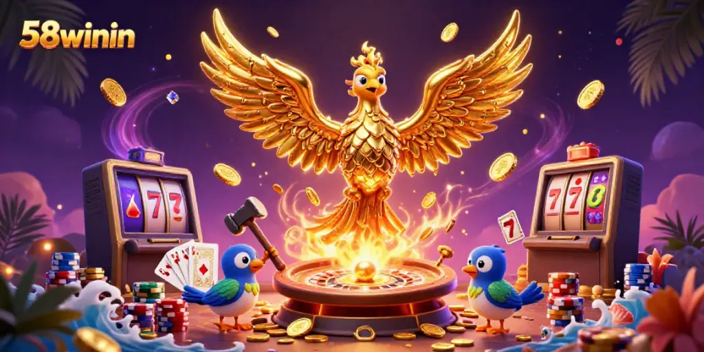 Experience the thrilling world of 58winin with a captivating illustration of a phoenix soaring over a casino.