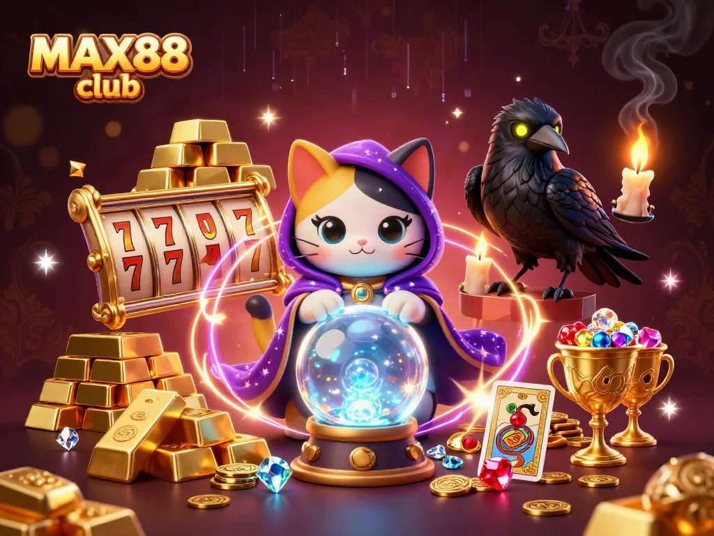 Engage with thrilling gameplay at MAX88 club, featuring energetic characters amidst sparkling casino treasures.