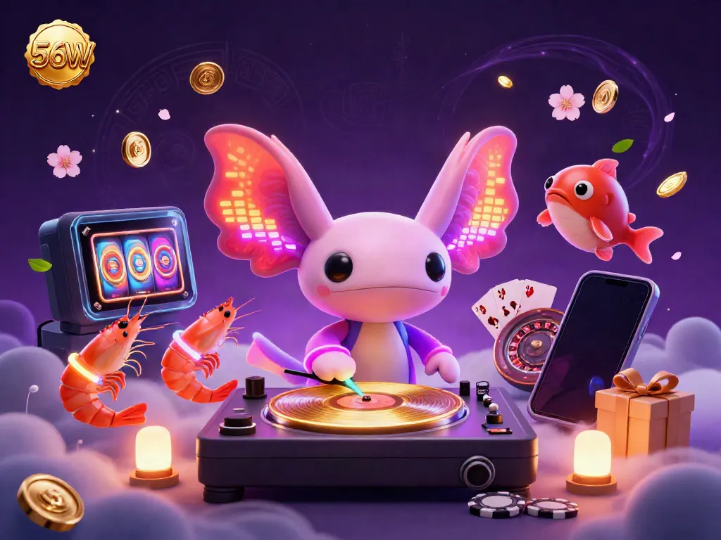 Experience thrilling slots and action at 56W with a vibrant underwater casino scene featuring an axolotl DJ.