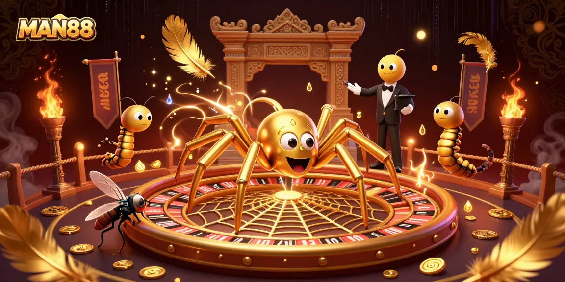 Engage with MAN88 in this vibrant 3D illustration of a roulette wheel web, showcasing betting elements.