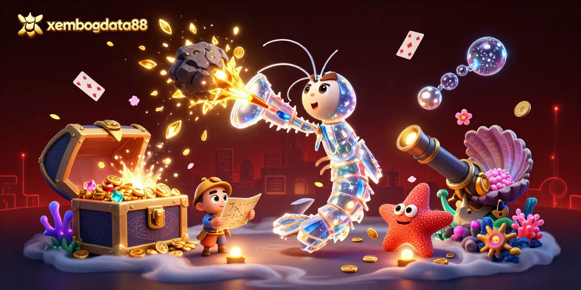 xembongdata88 showcases a vibrant scene with a galactic samurai shrimp amidst treasure and gaming elements