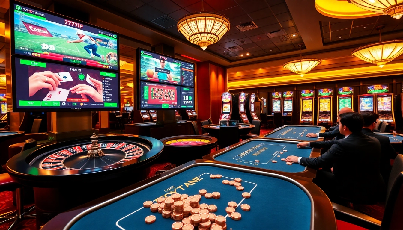 Experience the excitement of betting on 777vip with vibrant casino tables and live sports screens.