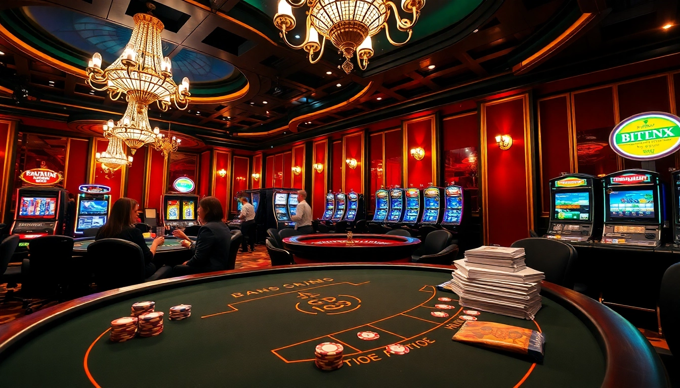 Visualize apostas Pix Brasil em um cassino de alto padrão com mesas de roleta e blackjack.