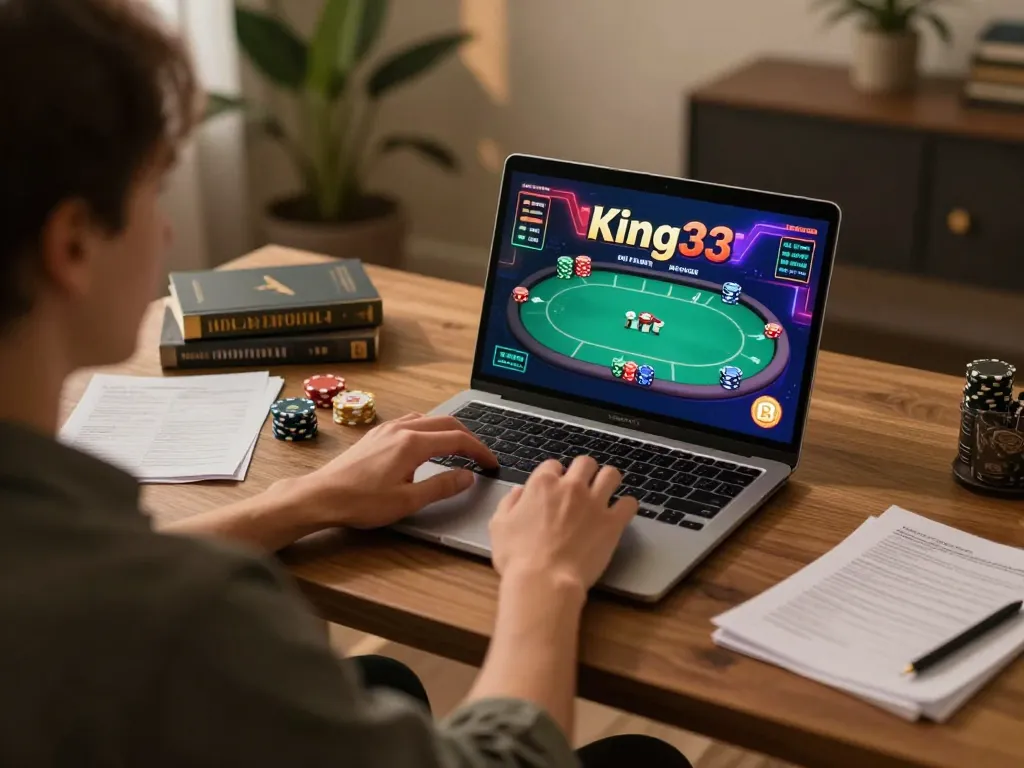Engaging player focused on king33 online gaming, using laptop for virtual poker.