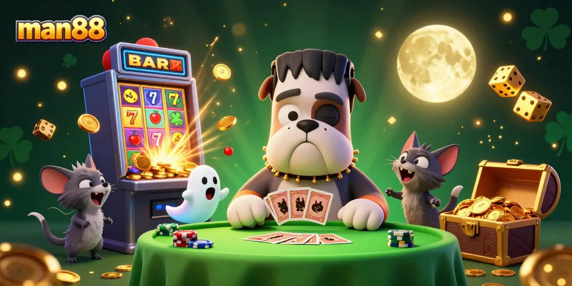 Join the excitement at man88 with a playful 3D casino scene featuring a colorful slot machine and whimsical characters.