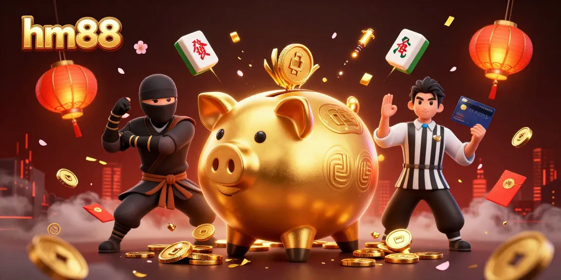 Engage in thrilling slots at hm88 with an enormous golden piggy bank, symbols of luck, and vibrant atmosphere.