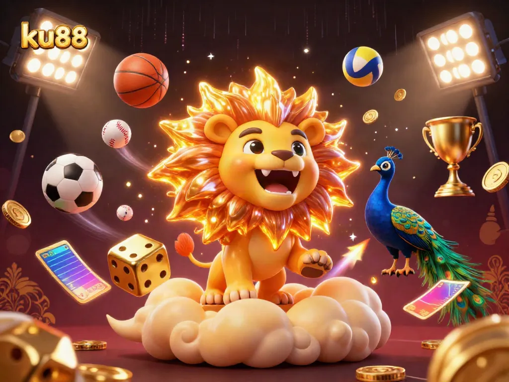 ku88 showcases exciting sports betting action with golden elements and a dynamic lion character.