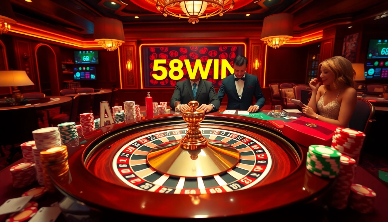Experience the thrill of wagering at 58WIN's luxurious casino scene filled with roulette wheels and poker excitement.