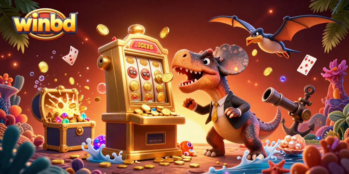 Winbd casino scene featuring a pachycephalosaurus with a golden slot machine jackpot amidst golden coins, colorful gems, and playing cards.