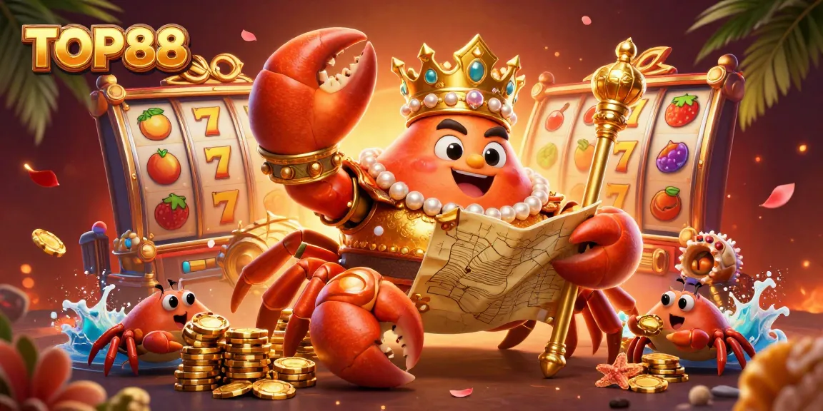 TOP88 players spin vibrant slot reels as the golden crab emperor holds treasures and maps in a lively casino.