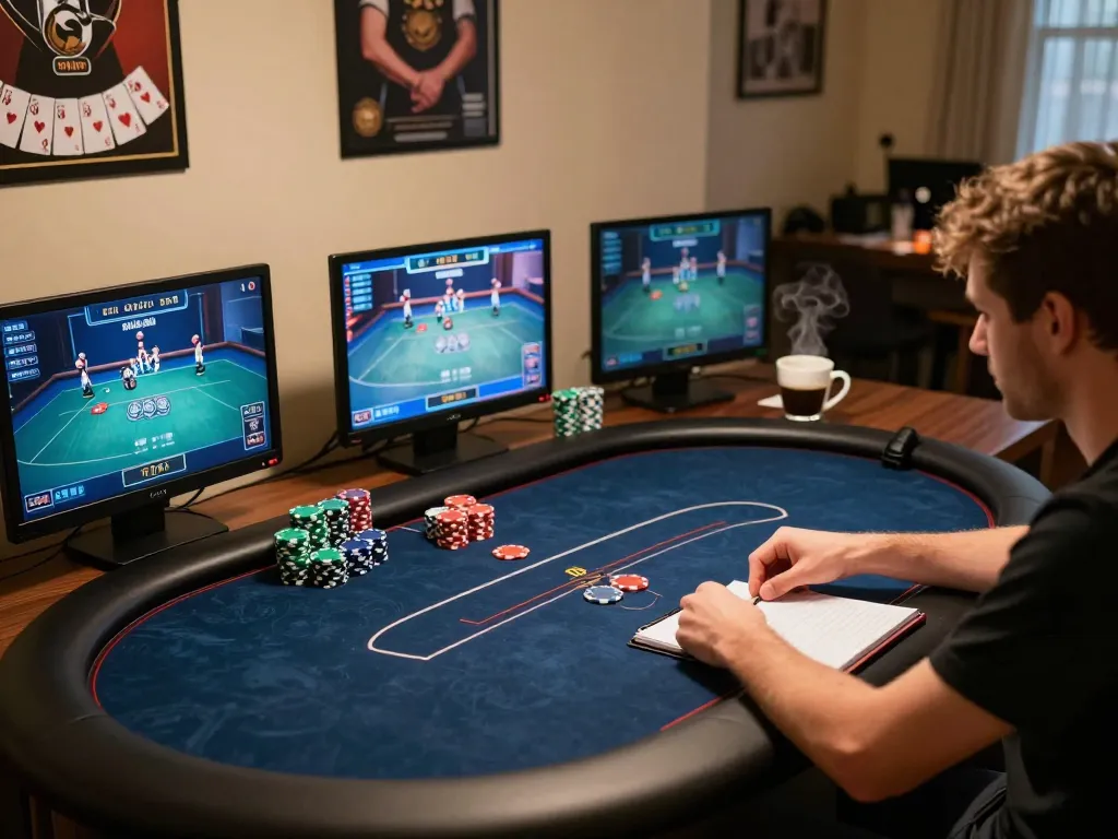 Player strategizing for online poker at 22ff.br.com with multiple screens and focused atmosphere