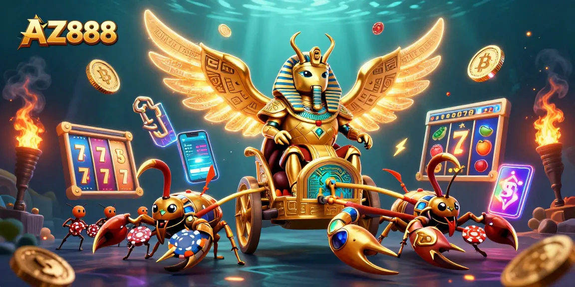 Engage with AZ888 in this vibrant 3D scene featuring unique cartoon characters and gaming elements.