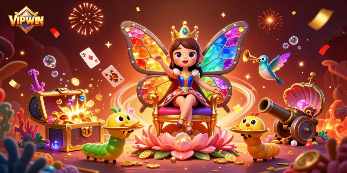 Experience the vibrant VIPWIN casino scene with the butterfly queen and gaming treasures.