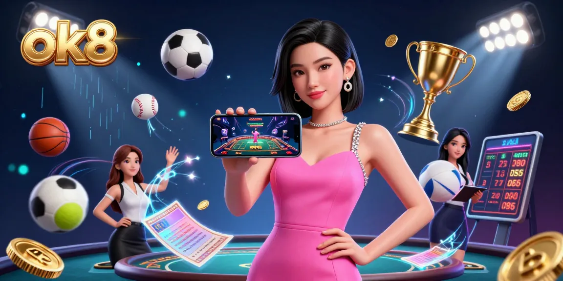 Engage with ok8's immersive live dealer experience, showcasing a vibrant Asian woman with a smartphone in a lively gaming environment.