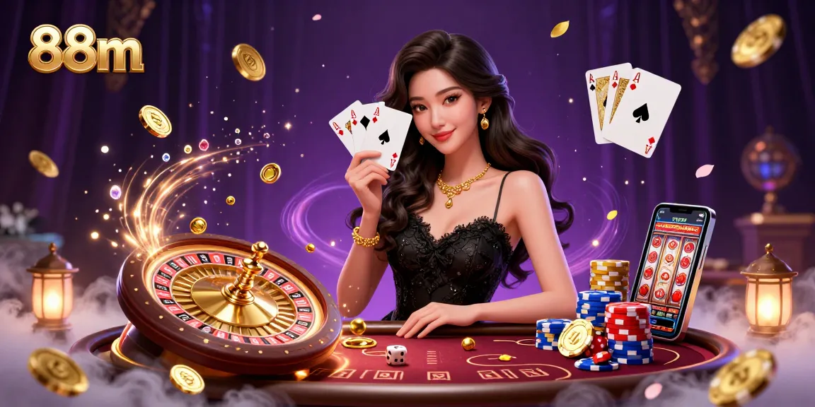 88m captivating casino scene with an elegant woman holding playing cards amidst golden coins and vibrant game elements.