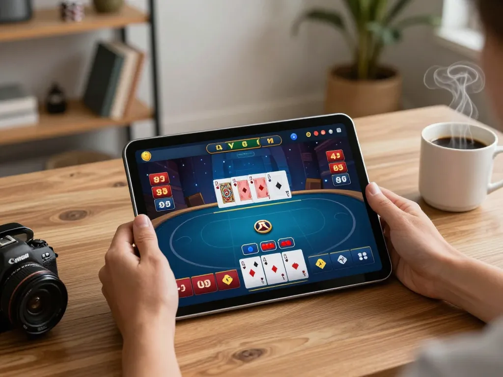 Player strategizing in online poker session at home using x333 app on tablet