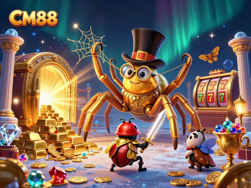Play at CM88, featuring a golden tarantula and a beetle knight in an exciting casino scene.