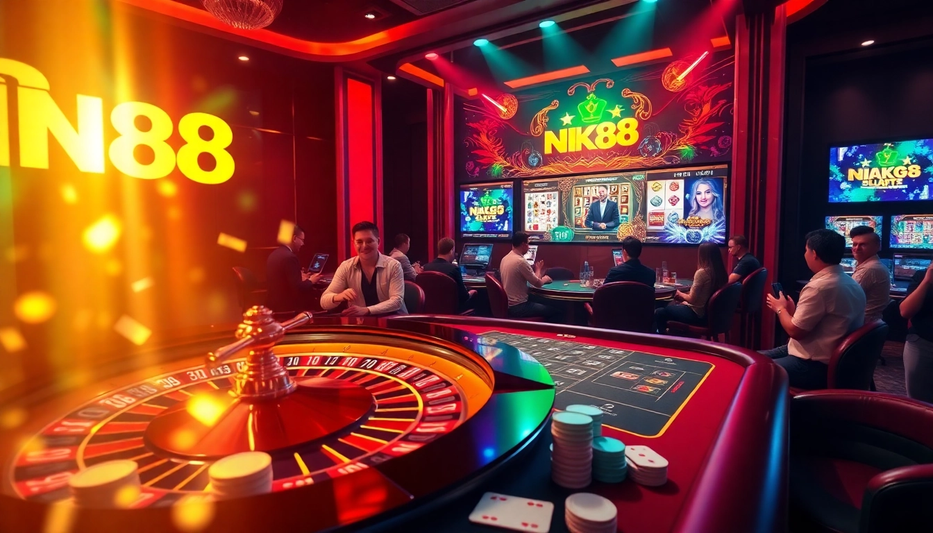 NK88 players engaging with live casino action at vibrant tables, highlighting excitement and luxury in gambling.