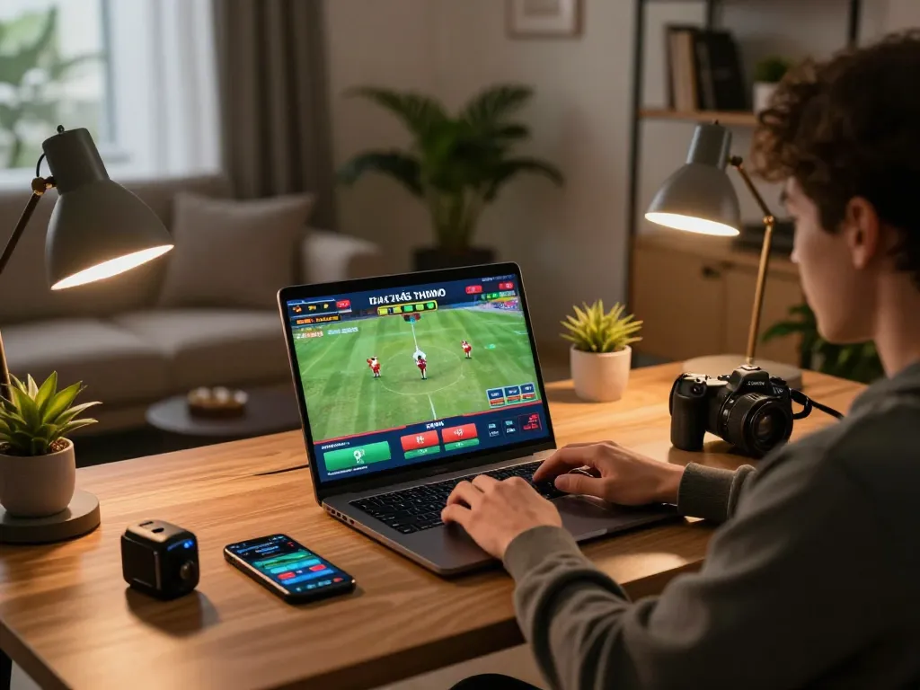 Engaging live streaming đá gà thomo on a stylish home office laptop, showcasing online gambling experience.