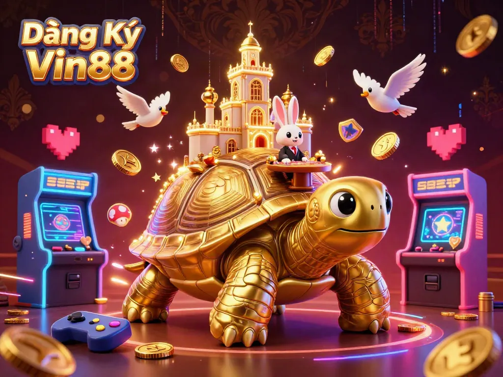 Engage with Đăng Ký Vin88 for exciting gaming experiences at a vibrant 3D casino scene.