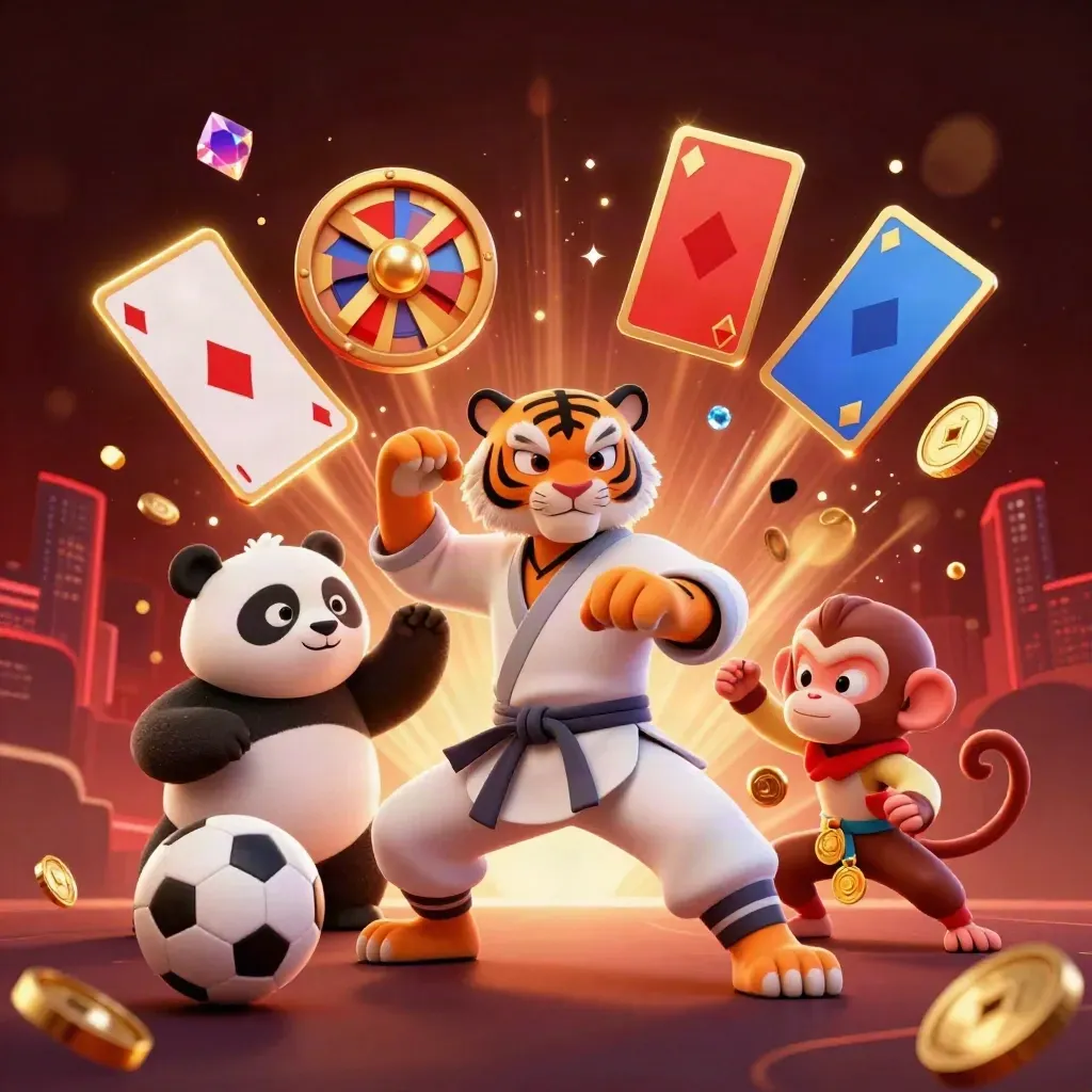 Tigre mestre, panda e macaco cercados por moedas, roleta, cartas e bolas em cena luxuosa.