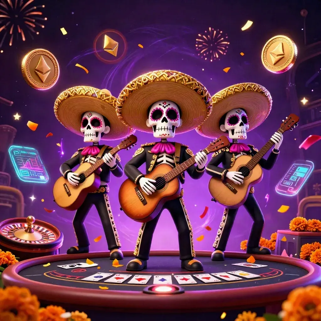 Trio mariachi caveira em cassino neon, com moedas cripto, fogos e luz dourada.