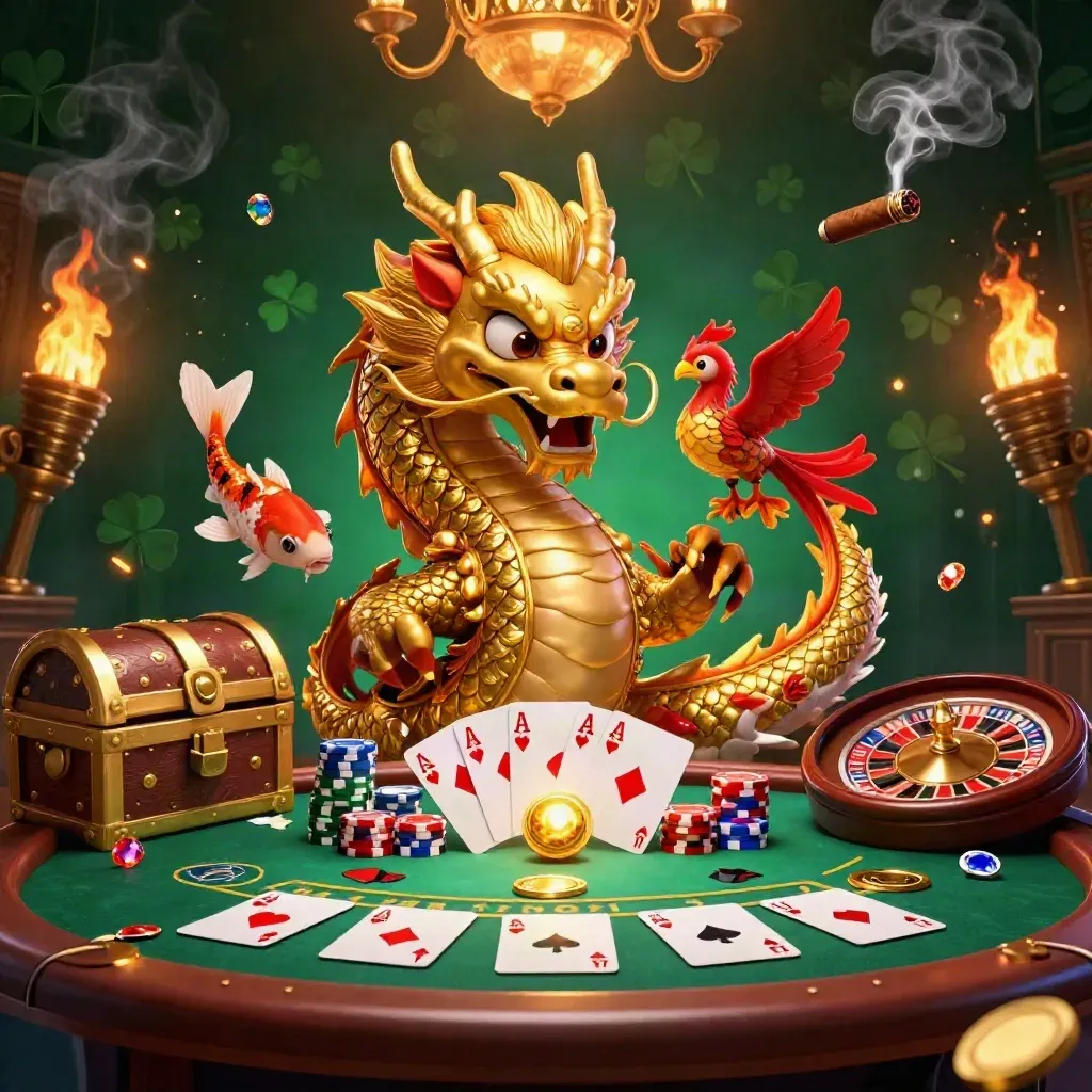 Dragão dourado com fênix, koi, fichas, cartas e luz de cassino luxuosa.